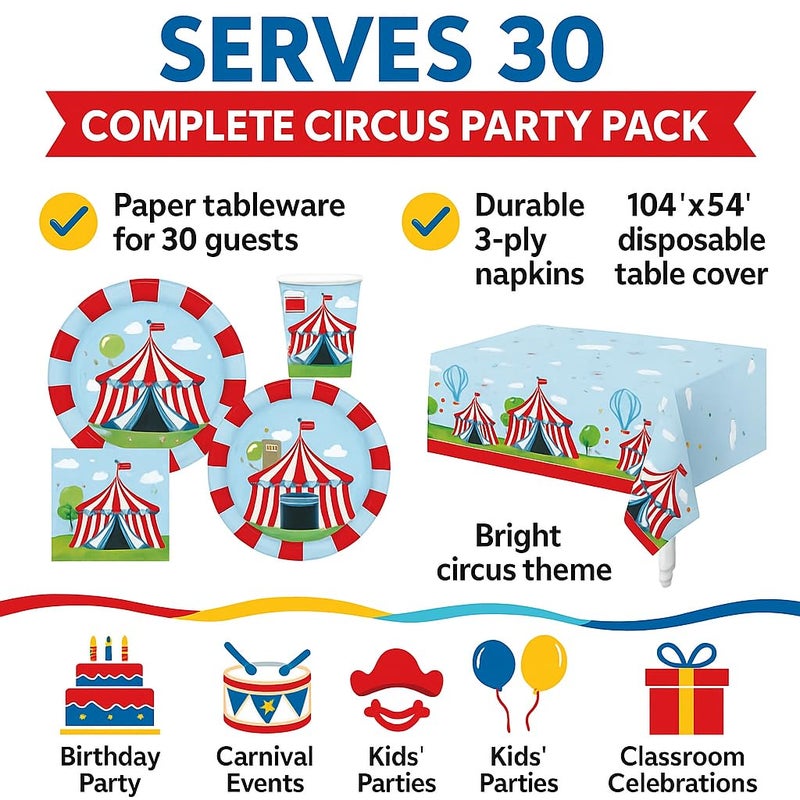 Oojami Serves 30 Complete Party Pack Circus Carnival Party Supplies 9" Dinner Paper Plates 7" Dessert Paper Plates 9 oz Cups 3 Ply Napkins Circus Themed Party Supplies - Image 2